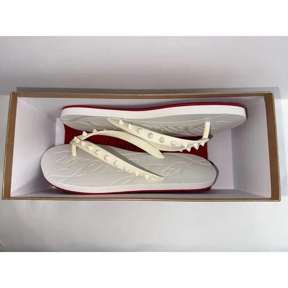 Authentic Christian Louboutin White Loubi Spikes Rubber Flip Flops Size 38